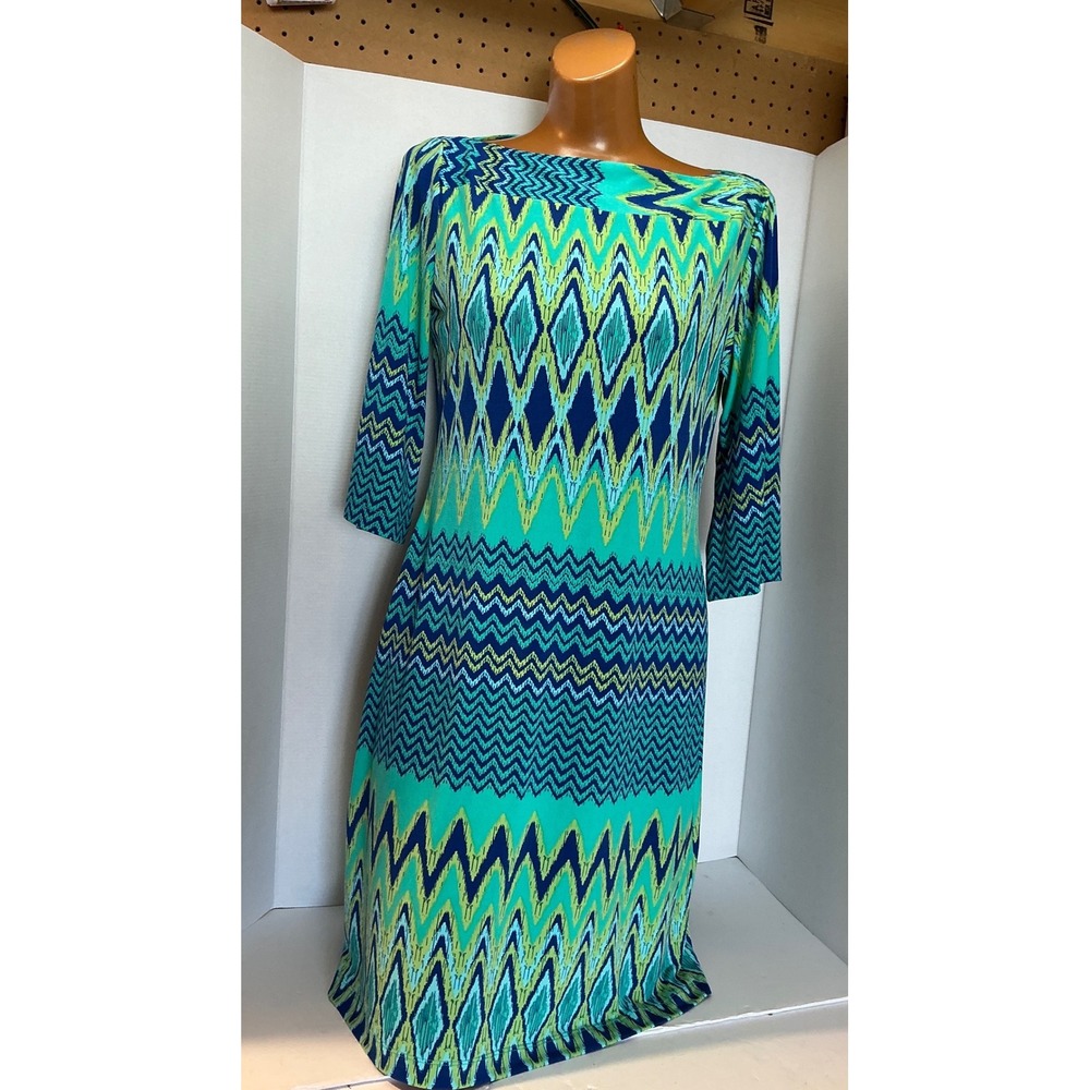 Donna Morgan Geometric Ikat Chevron Sheath Dress Size 8 Turquoise Blue Green